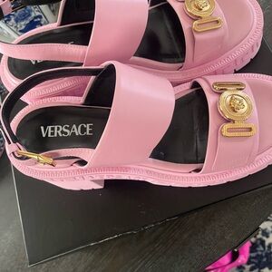 Versace Pink Sandals with Gold Medallions